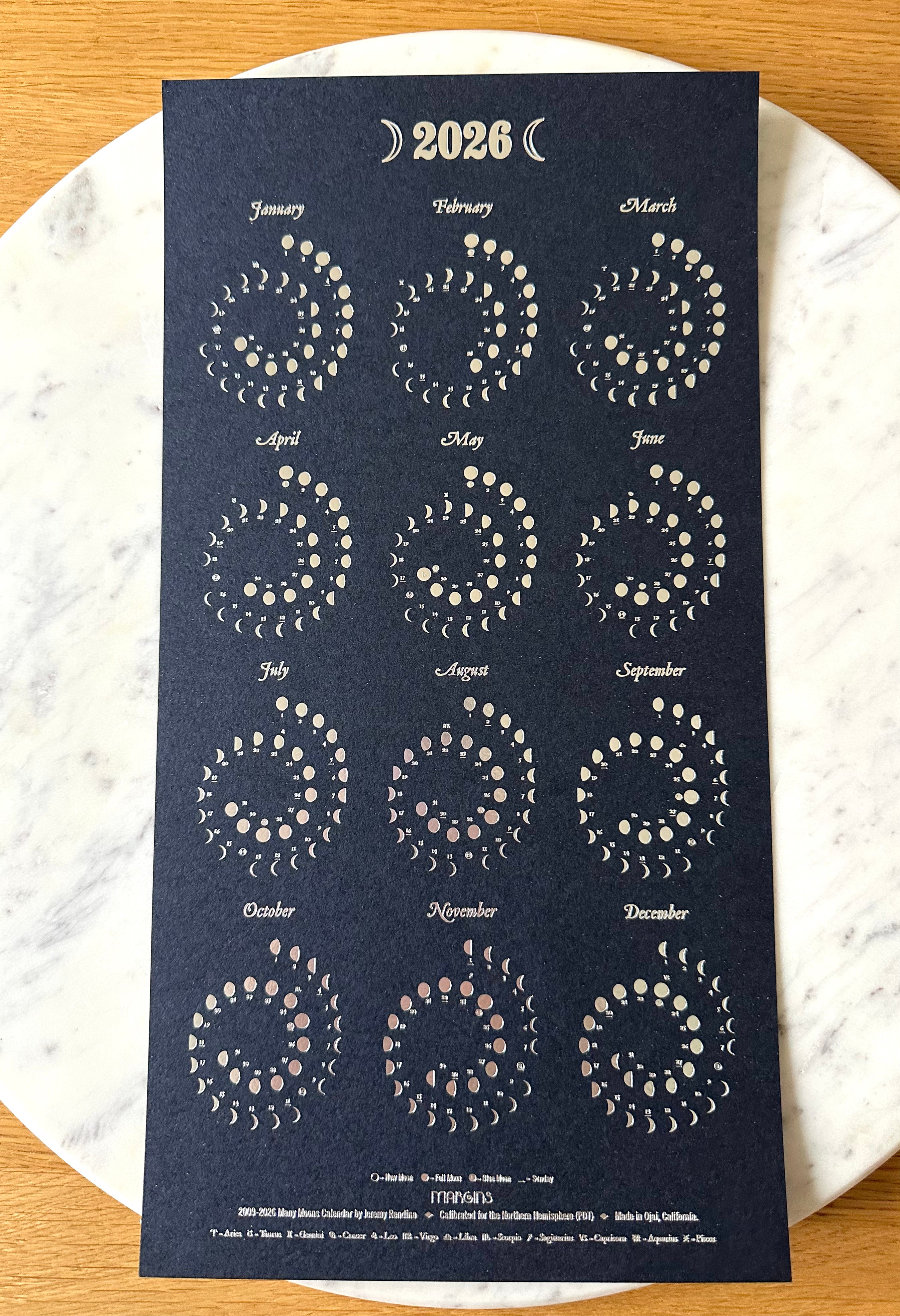 Margins 2026 Moon Calendar Silver Foil on Night Sky