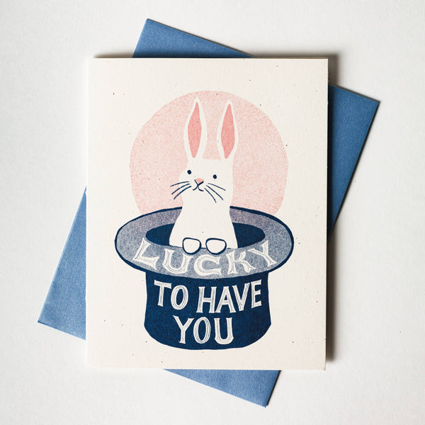 Lucky To Have You Bunny in Hat - Risograph Card