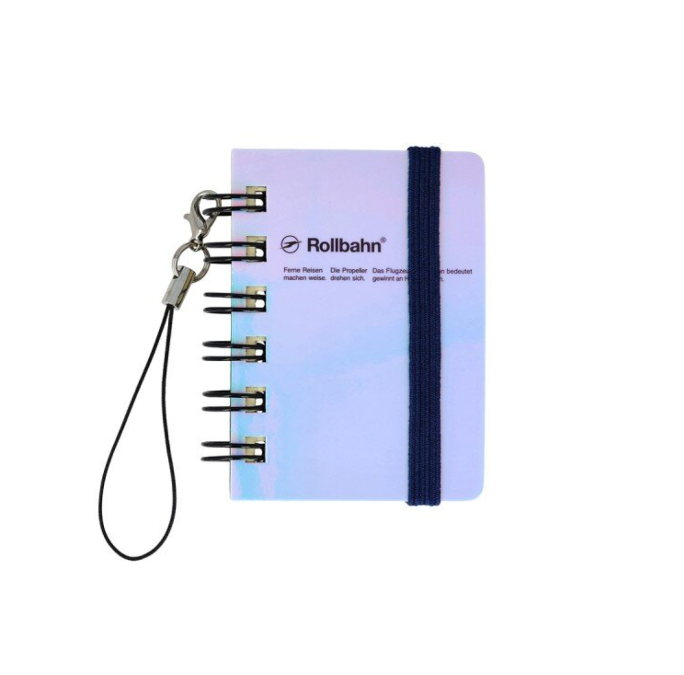 A small micro Rollbahn spiral-bound notebook or planner with a pale blue to lavender gradient cover, a dark navy elastic band, and a black wrist strap with metal clips, shown on a plain white background. The cover shows the brand name 'Rollbahn'.