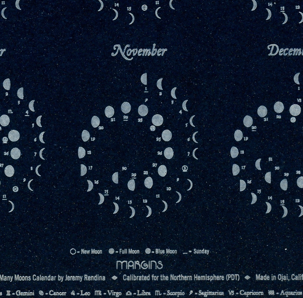 Margins 2027 Moon Calendar Silver Foil on Night Sky sparkle blue, small