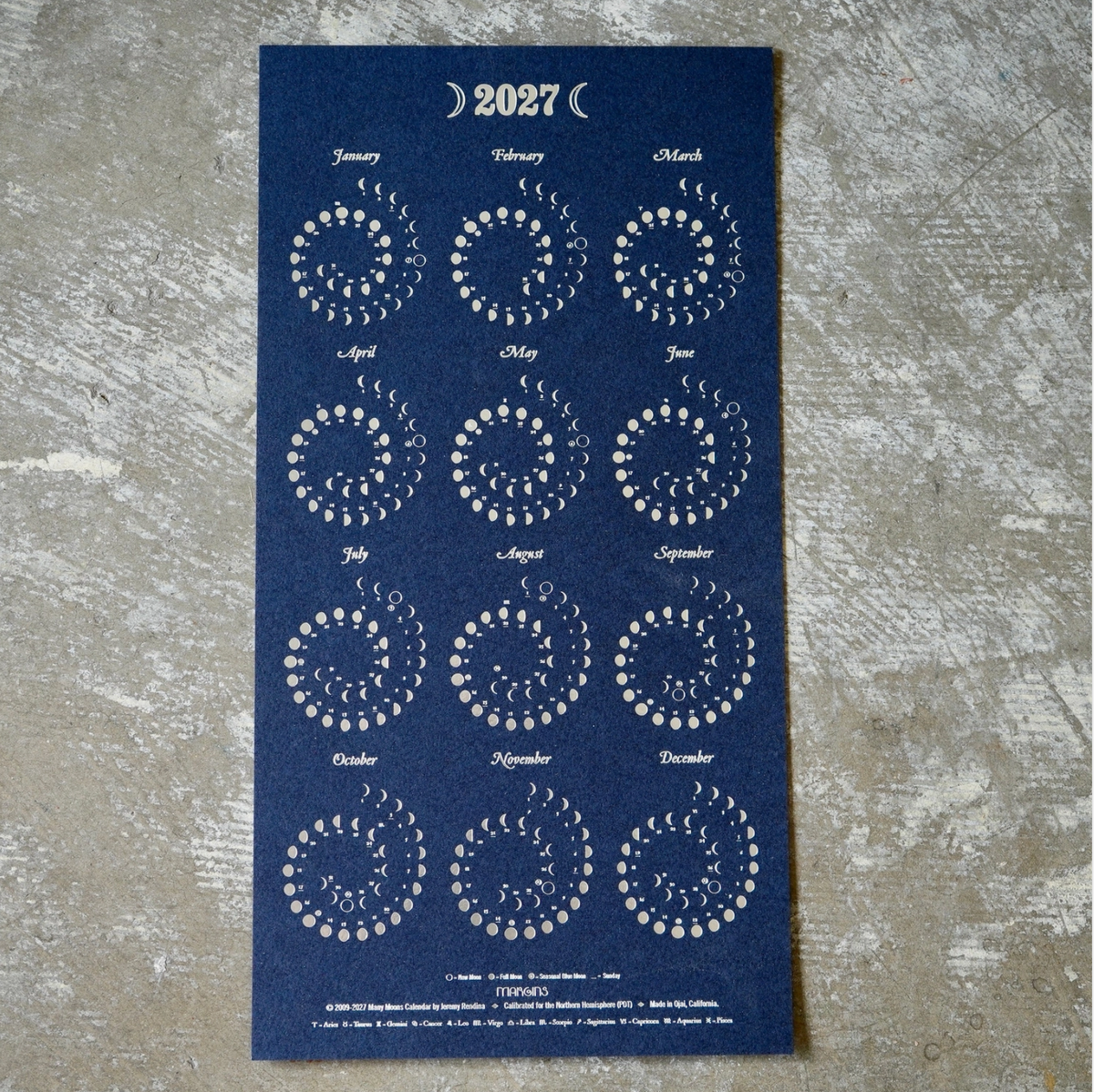 Margins 2027 Moon Calendar Silver Foil on Night Sky sparkle blue, small