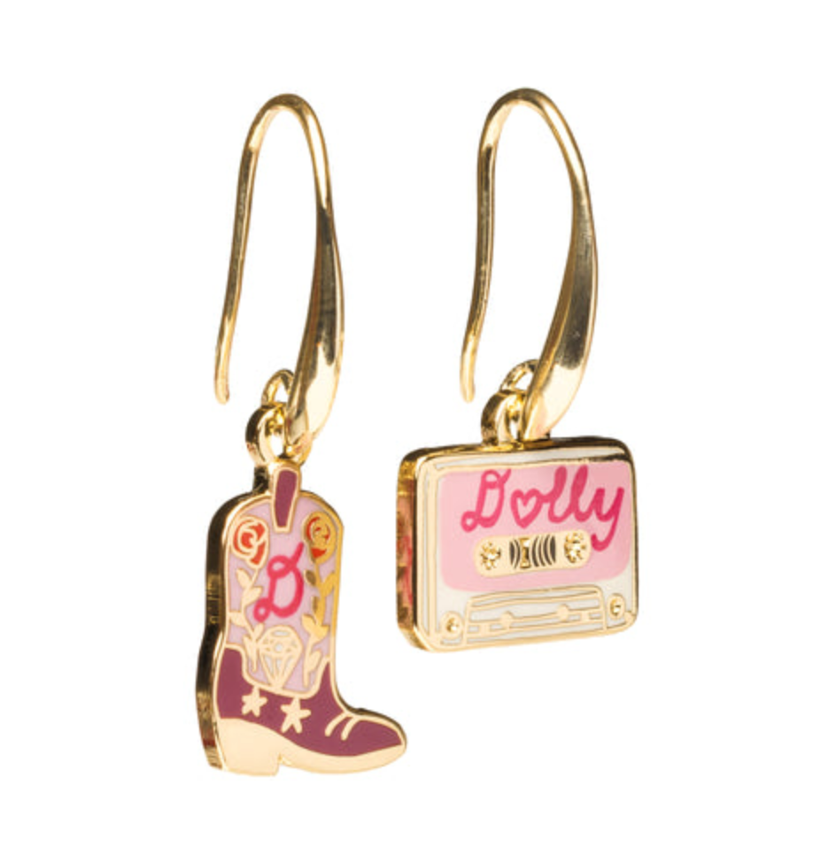 Yellow Owl Dolly Parton Boot & Cassette Gold Gilded Earrings