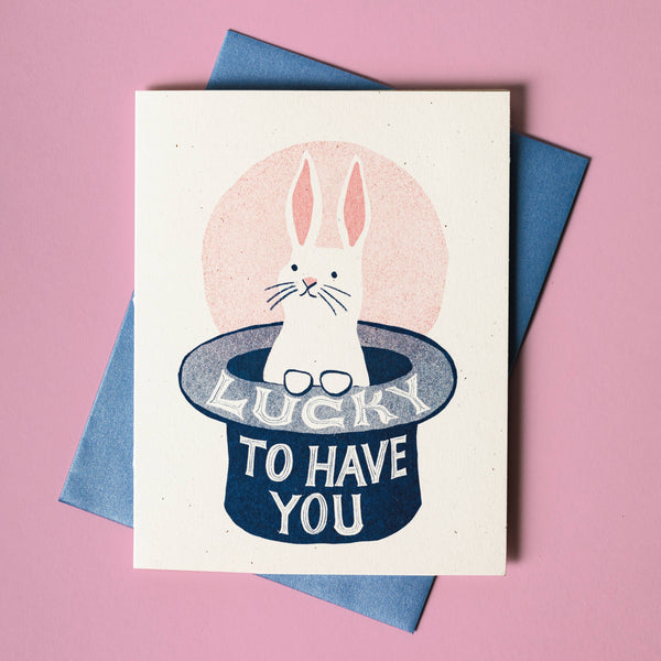 Lucky To Have You Bunny in Hat - Risograph Card