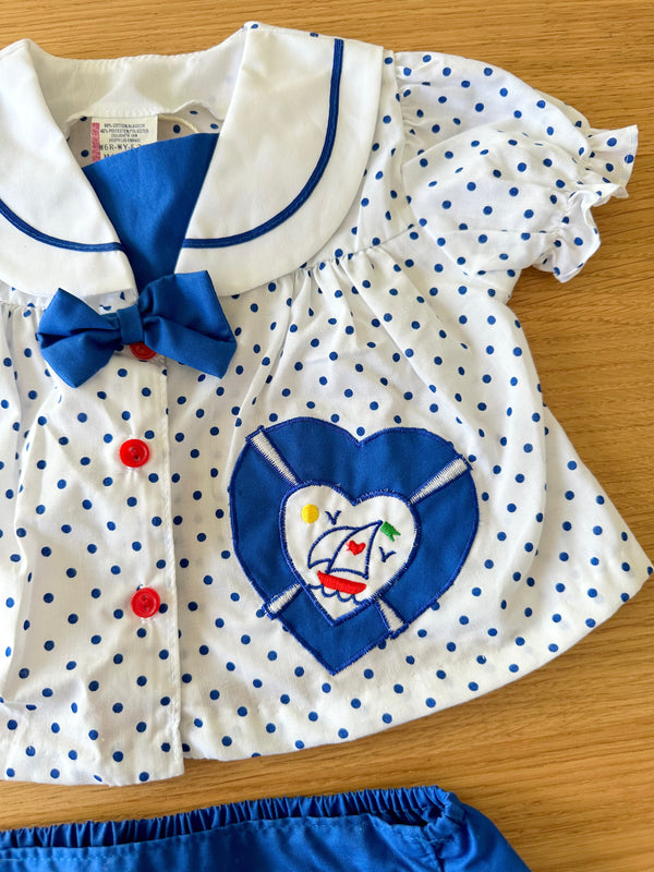 Vintage Baby Sailor Set with Button Peter Pan top and Blue Bloomers, 3-6 mos