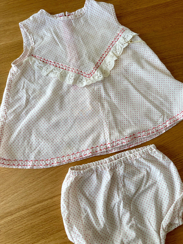 Vintage Baby White & Red Swiss Dot Baby Set with Bloomers, 6 mos