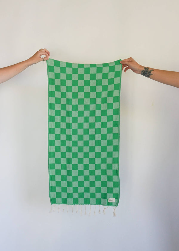 State the Label Green Check Turkish Towel Hand Towel