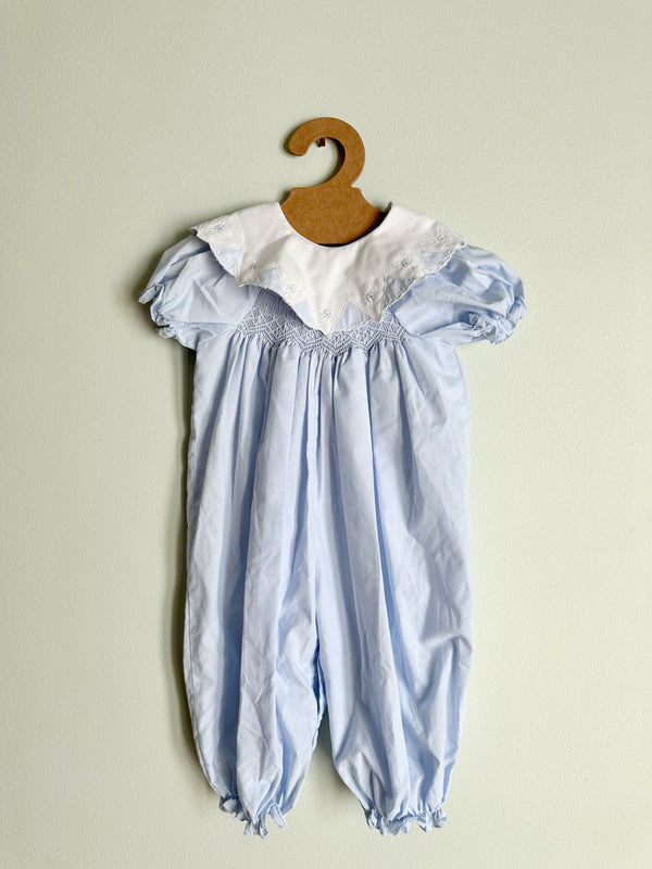 Vintage Baby Light Blue Smocked Playsuit with stitched collar, 12 mos