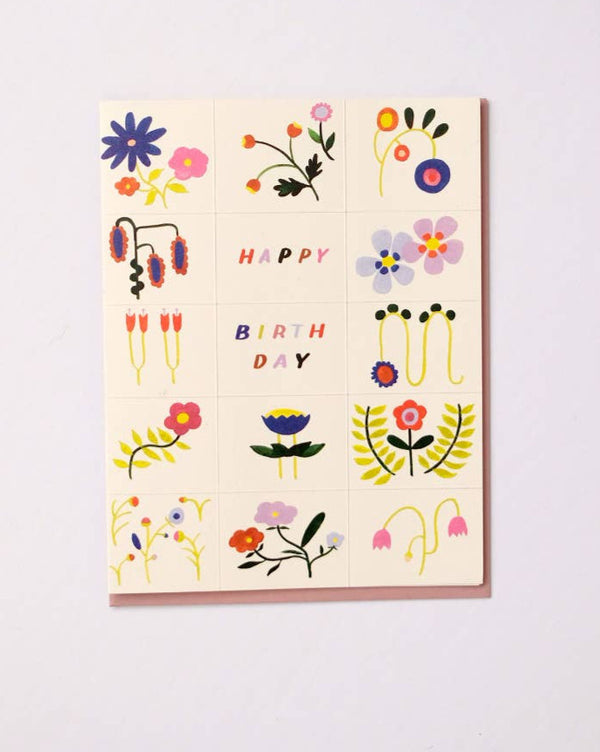 Happy Birthday Grid Flower Doodles Card