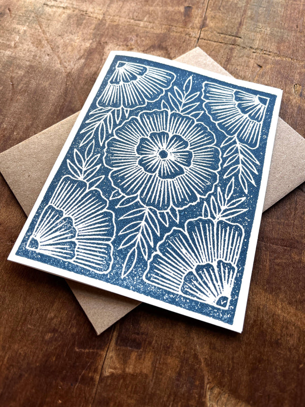 Blue floral Block Printed Greeting Cards, Set of 6