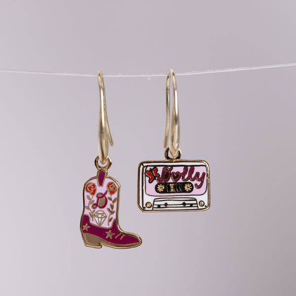 Dolly Parton Boot & Cassette Gold Gilded Earrings