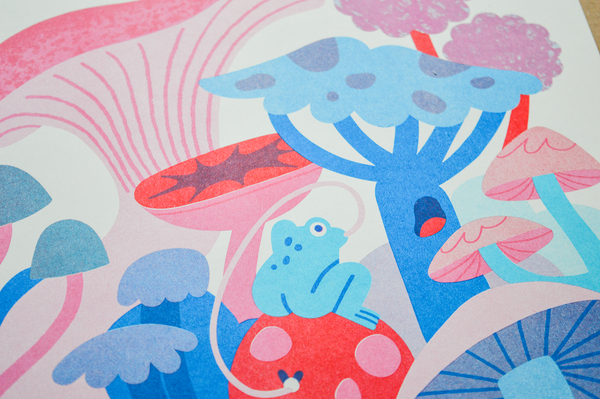 Froggy and Mushrooms A3 Risograph Print
