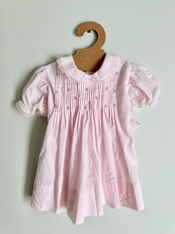 Vintage Baby Lightweight Pink Rosebud Dress with Lace Trim, 6 mos