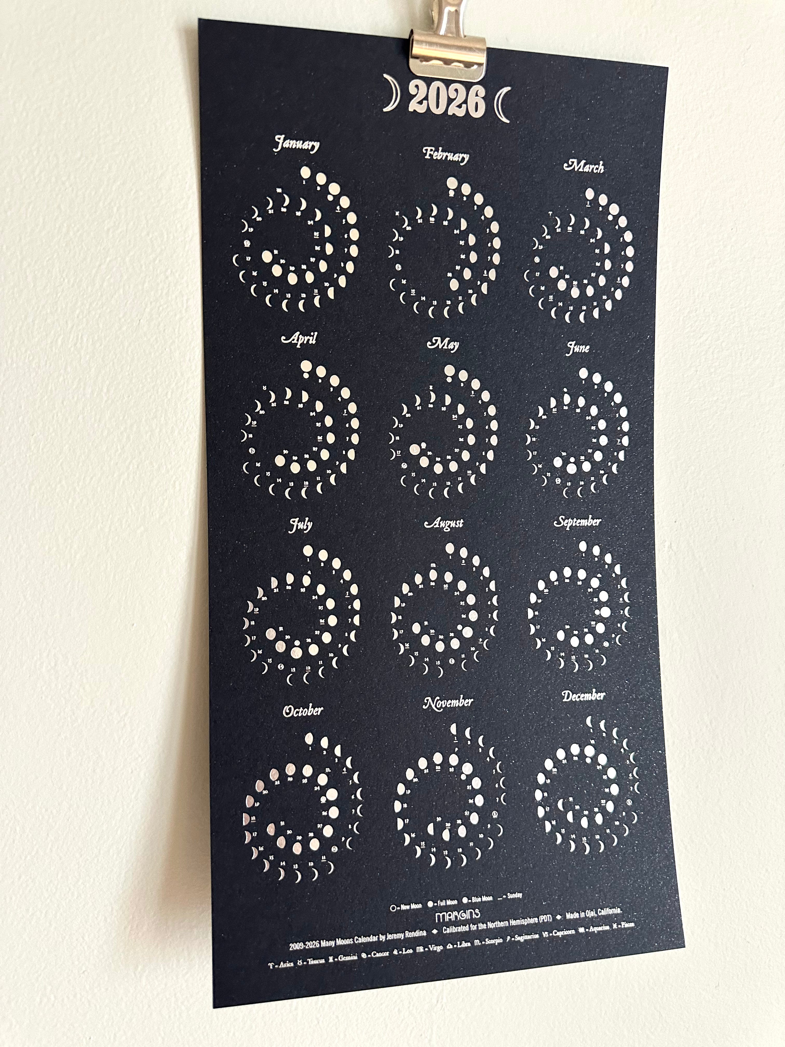 Margins 2026 Moon Calendar Silver Foil on Night Sky