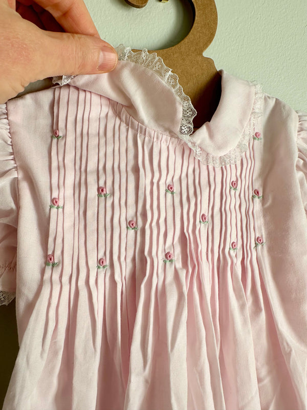 Vintage Baby Lightweight Pink Rosebud Dress with Lace Trim, 6 mos