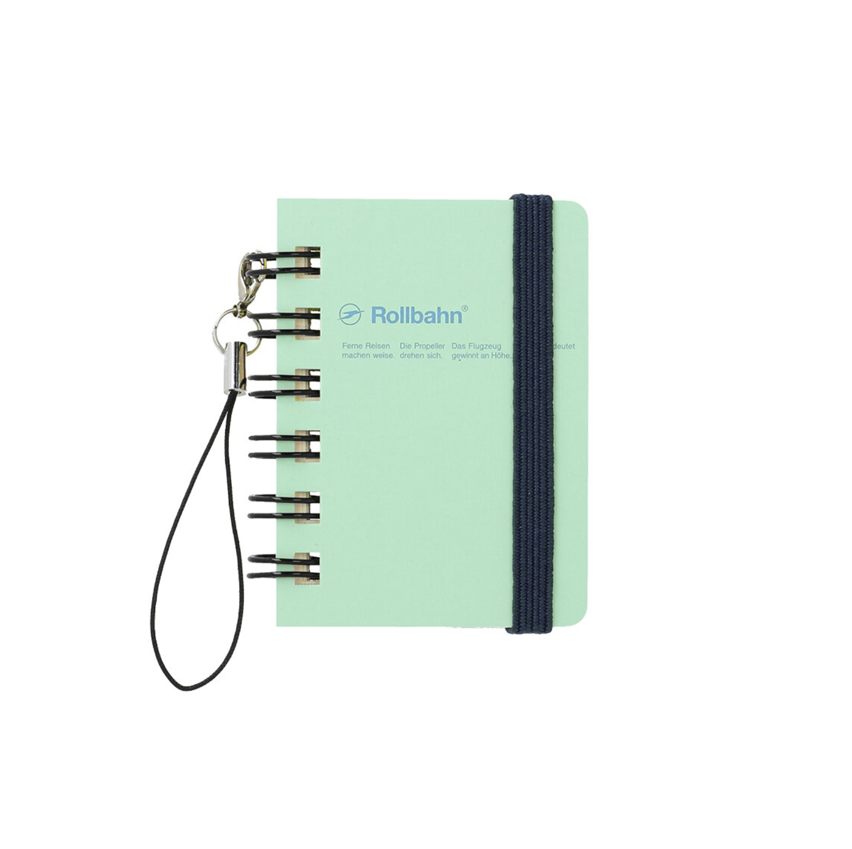 A Rollbahn micro small mint green hardcover notebook with a dark navy blue elastic closure band and a black wrist strap with metal rings, shown on a plain white background. The brand name 'Rollbahn' is printed on the cover.