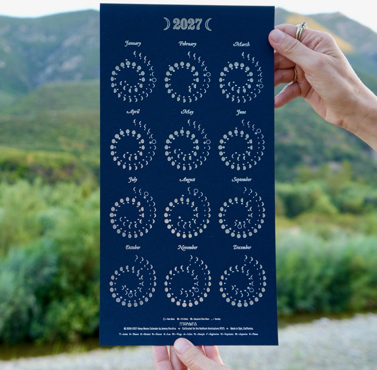 Margins 2027 Moon Calendar Silver Foil on Night Sky sparkle blue, small