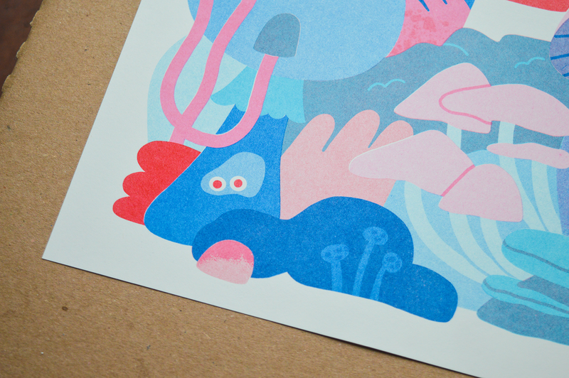 Froggy and Mushrooms A3 Risograph Print