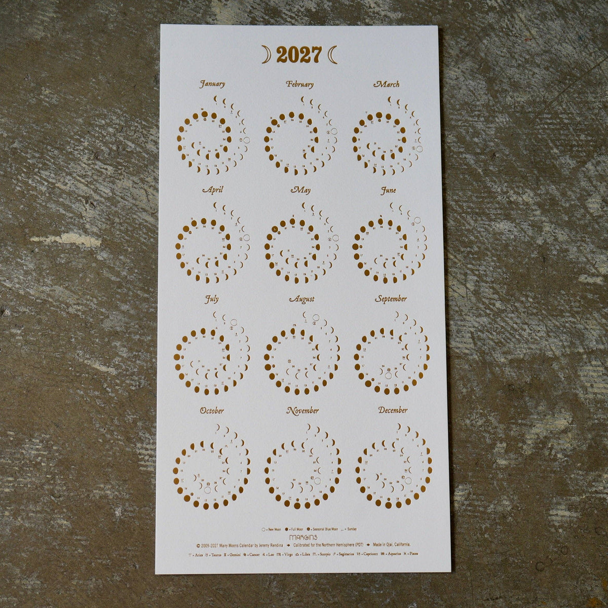 Margins 2027 Moon Calendar - Gold Foil on Pearl White, small