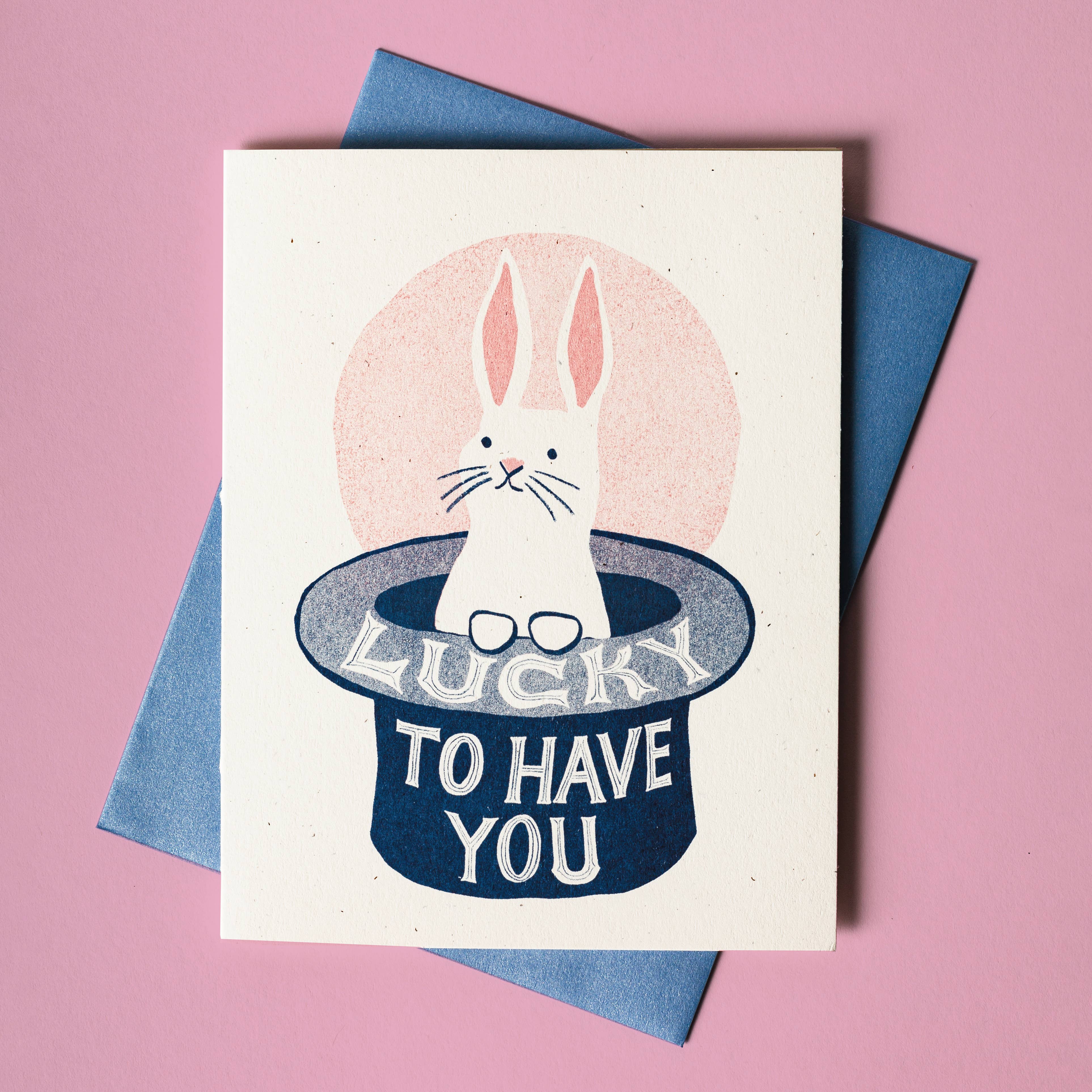 Lucky To Have You Bunny in Hat - Risograph Card