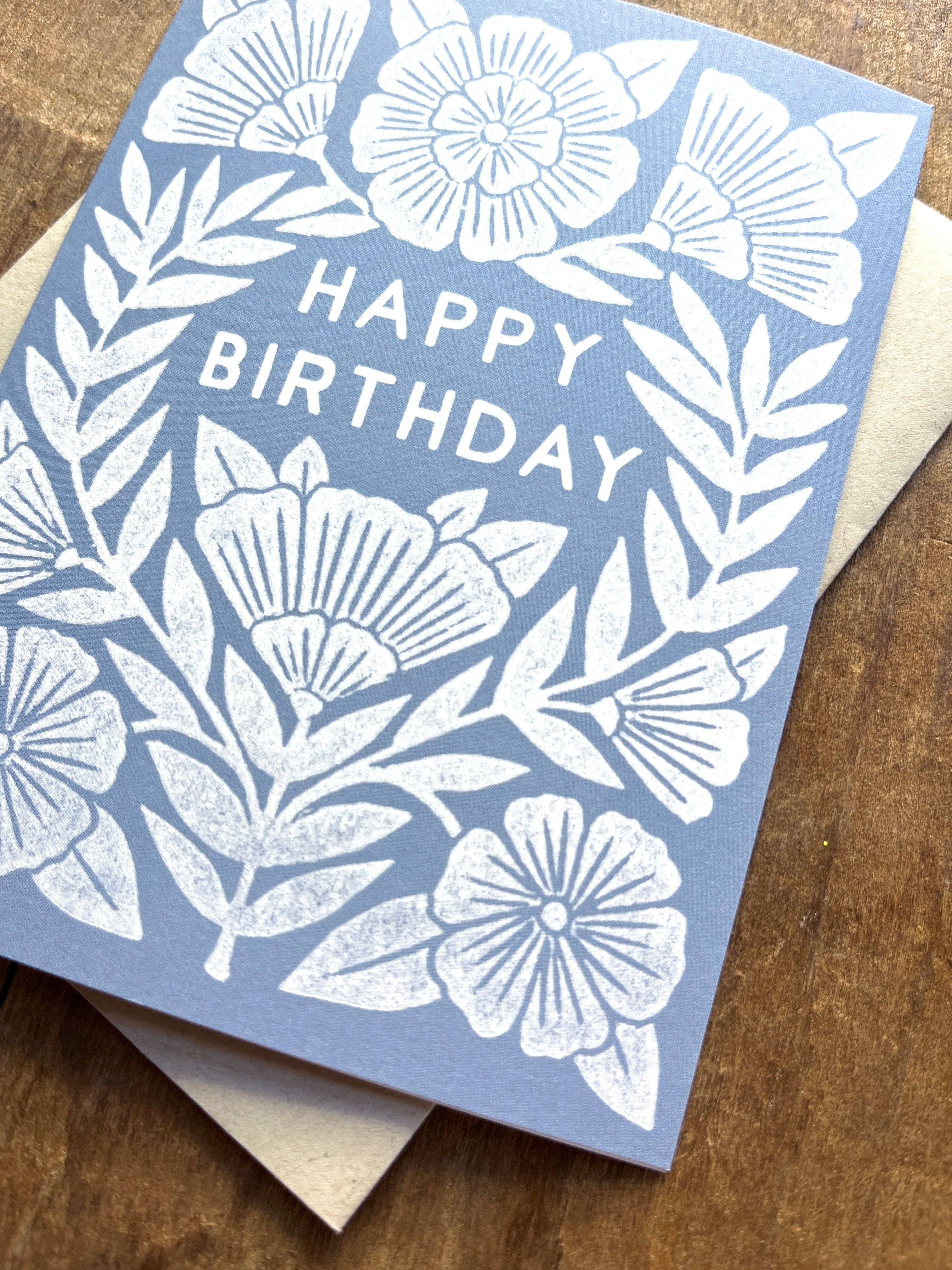 Happy Birthday Light Blue Floral Greeting Card