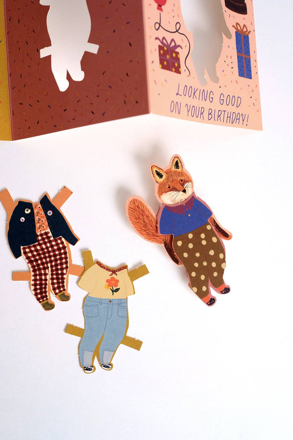 Looking Good Fox Paper Doll Cut Out Birthday Card