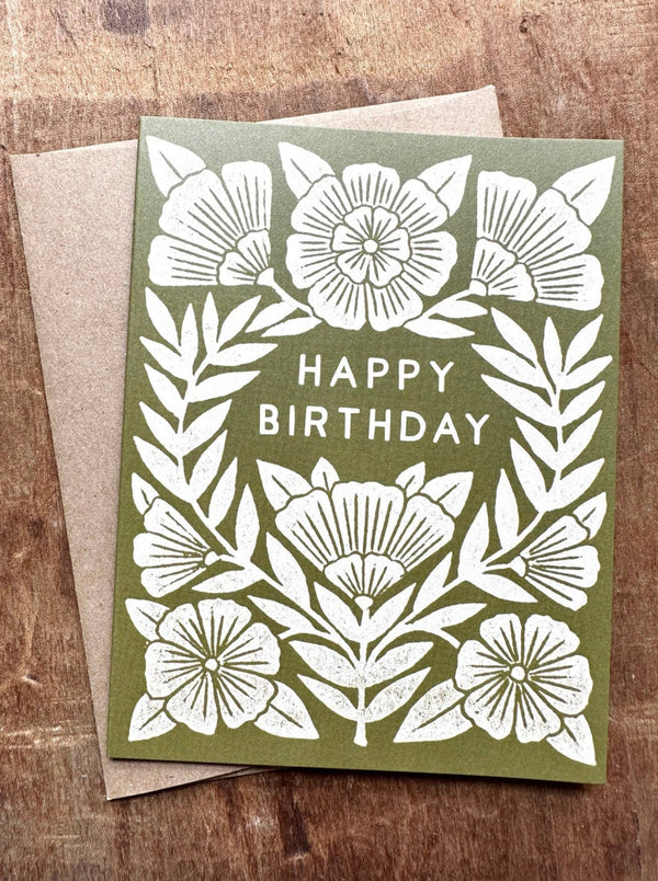 Happy Birthday Offset Floral Printed Card – Green