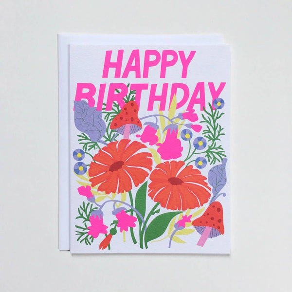 Happy Birthday Pink Mushrooms & Florals Card