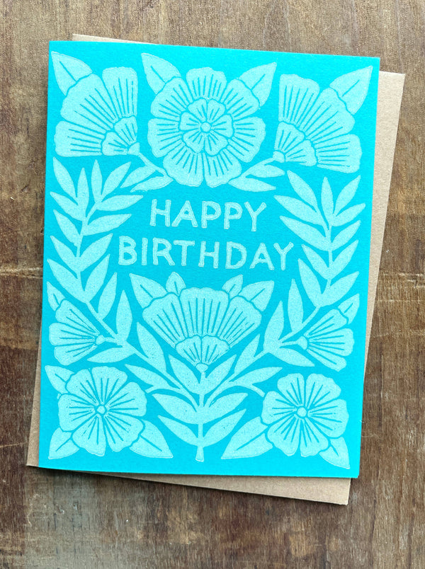 Happy Birthday Block Printed Greeting Card – Blue Green