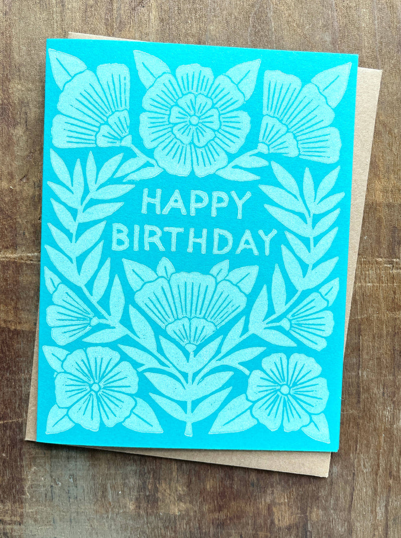 Happy Birthday Block Printed Greeting Card – Blue Green