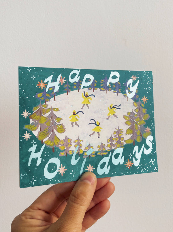 Happy Holidays Green Sparkly Ice Skating Card