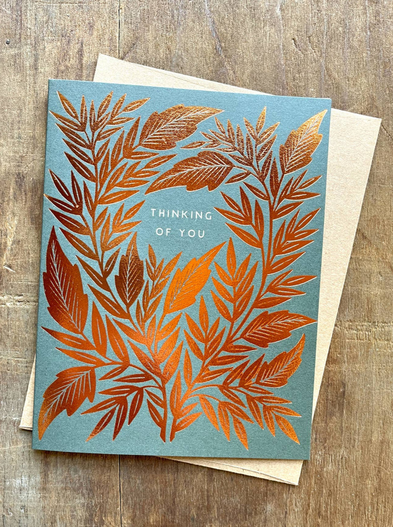 Thinking of You Foil Stamped Card – Copper Leaves