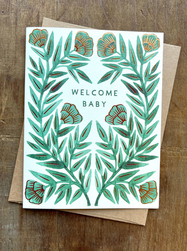 Welcome Baby Foil Stamped Card – Green Floral